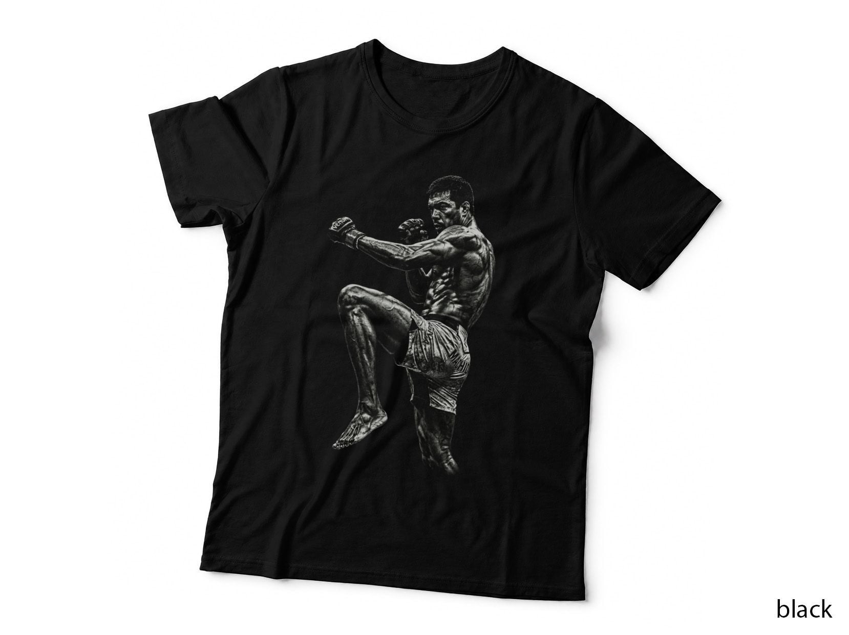 Male Muay Thai Fighter Venum Knee Raised Guard Stance Low-Contrast Faded T-Shirt