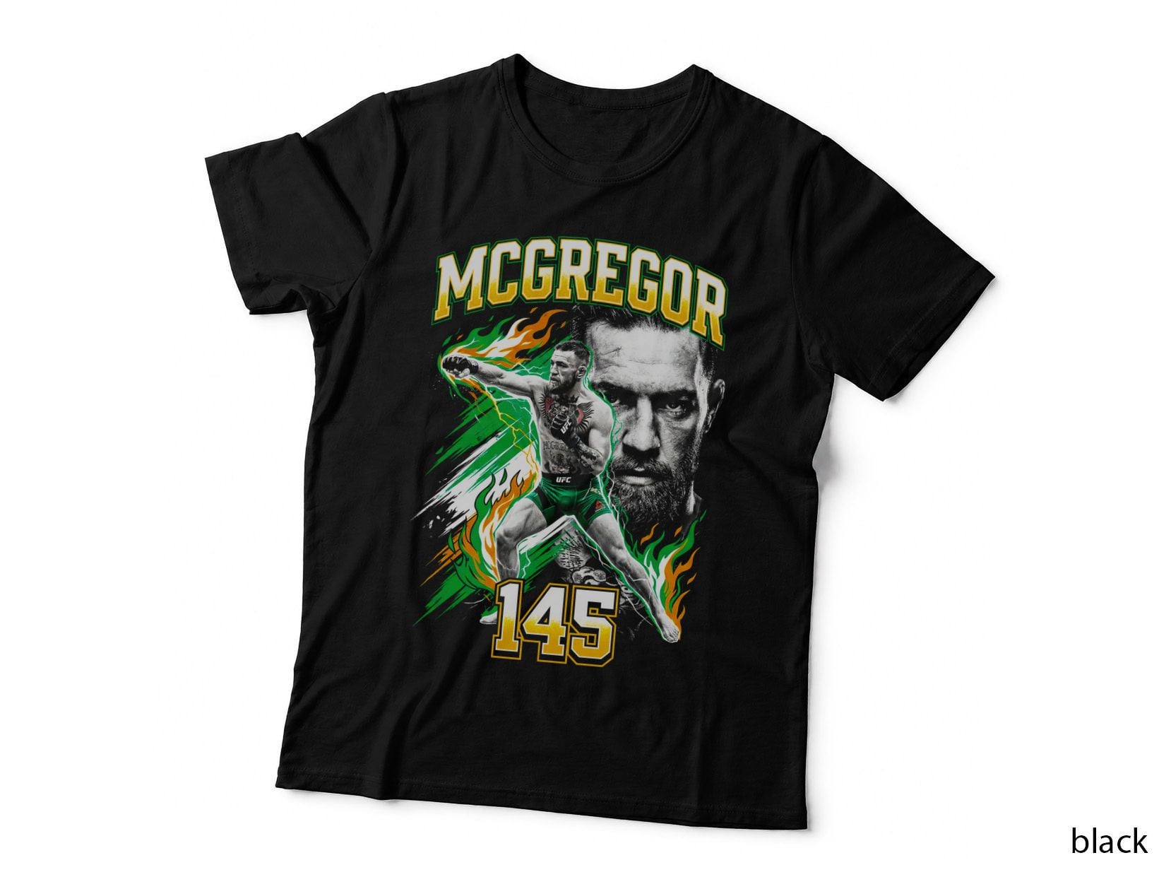 Mcgregor 145 MMA Fighter Punching Flame Fist Irish Tricolour Green T-Shirt