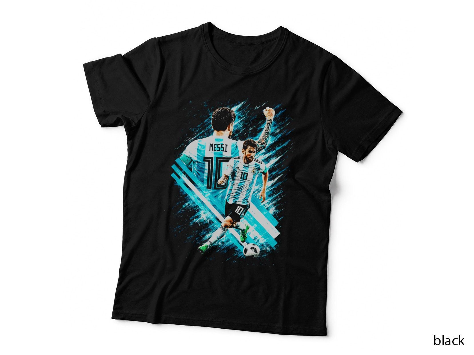 Messi Two Poses Back and Front View Light Blue White Stripe T-Shirt
