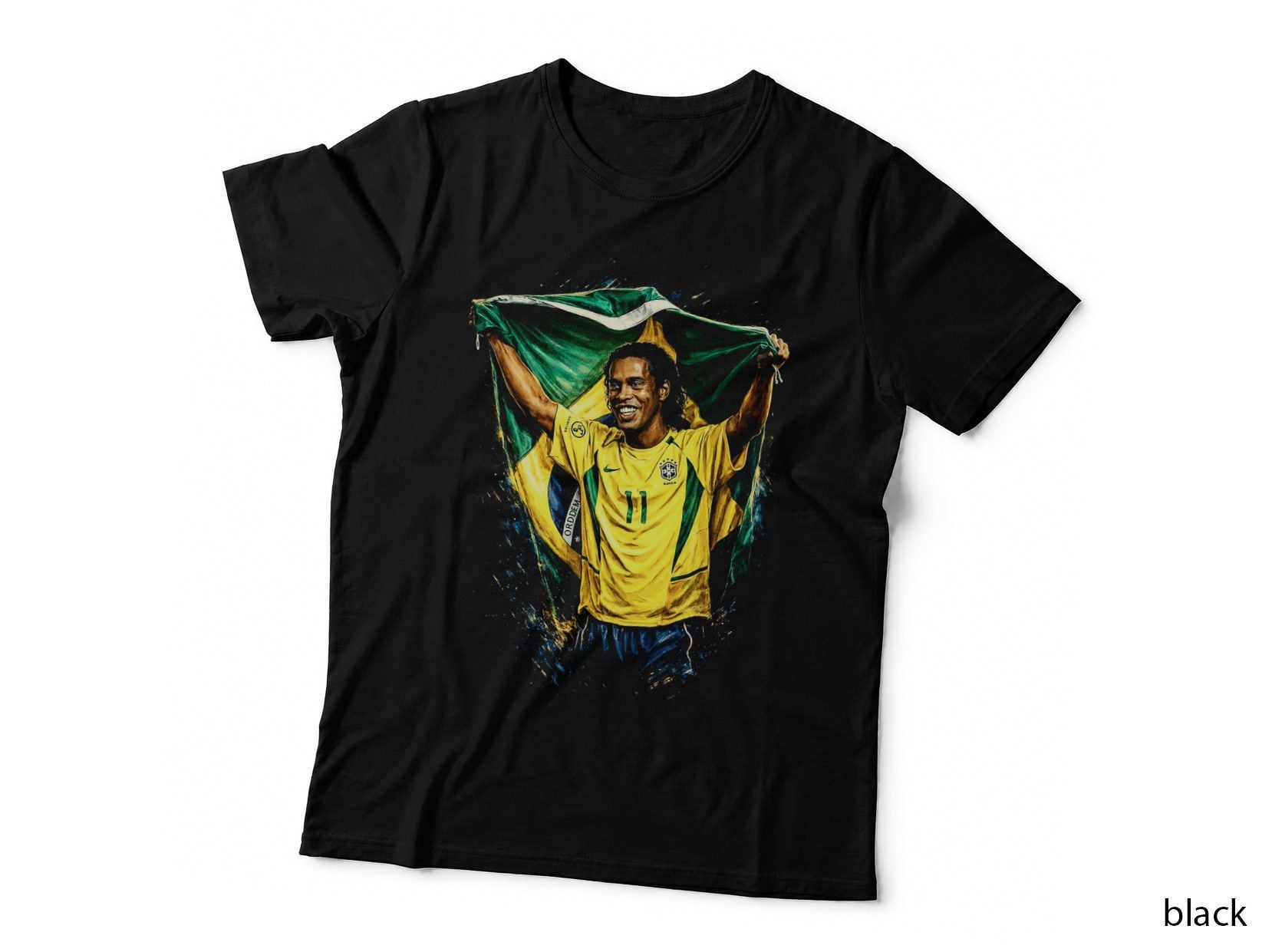 Ronaldinho Ordem E Progresso Holding Brazil Flag Overhead Number 11 Kit T-Shirt