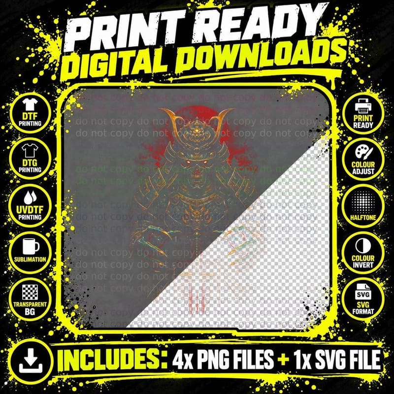 Samurai Demon Warrior Halftone T-Shirt, Oni Fighter Anime Png SVG Digital Bundle