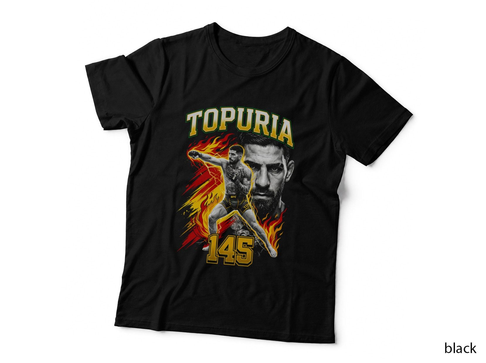 Topuria 145 Fighter Punching Fire Fist Red Gold Flame Streaks T-Shirt