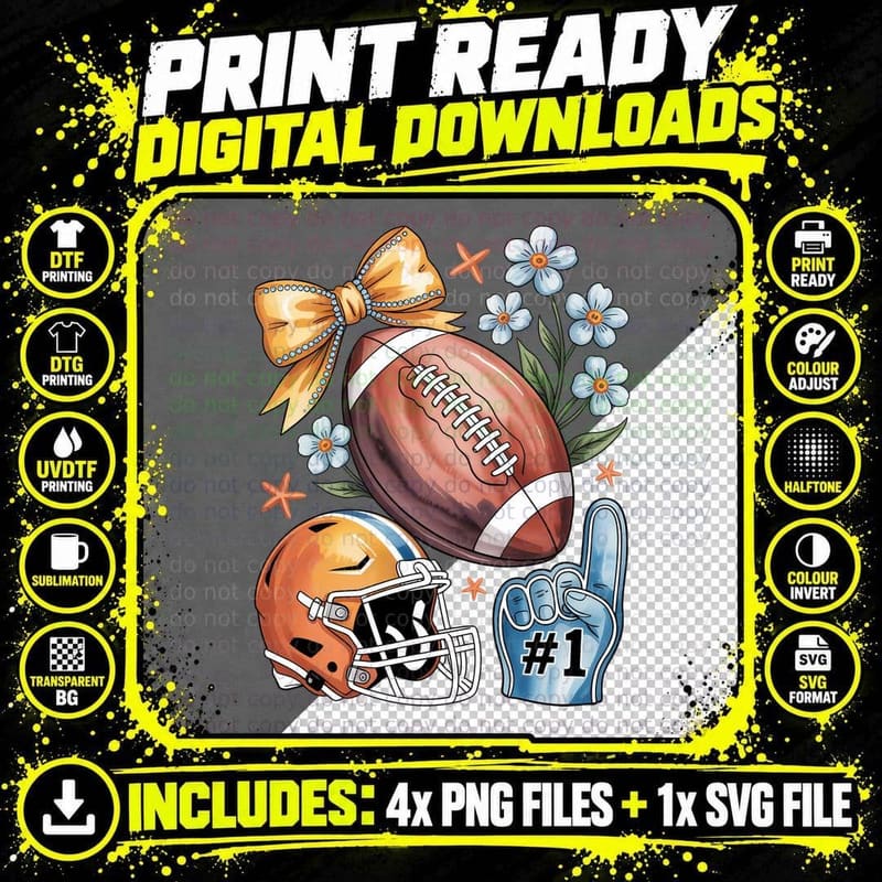 1 Cheer T-Shirt, Football Helmet Bow Flowers Foam Png SVG Digital Bundle