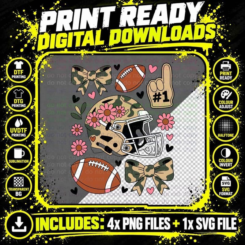 1 Football T-Shirt, Camo Football Helmet with Flowers Png SVG Digital Bundle