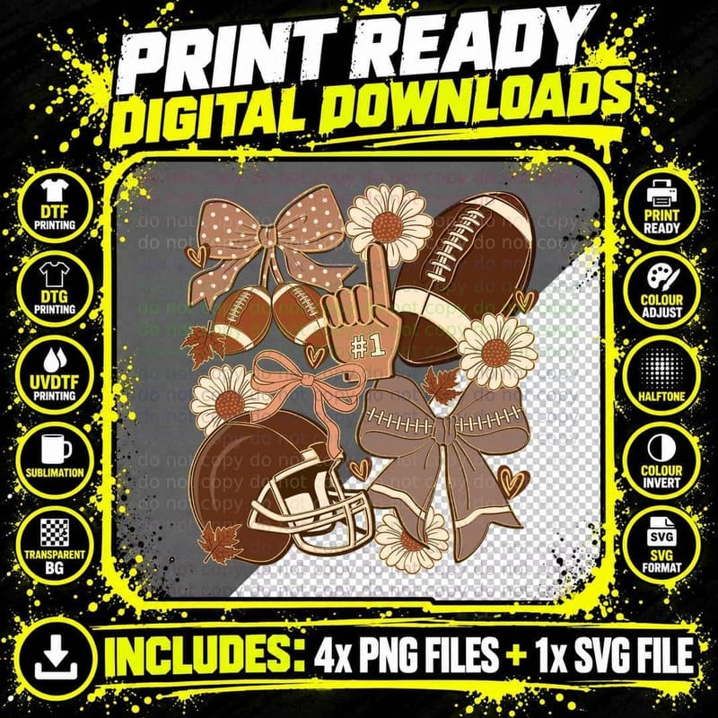 1 Football T-Shirt, Football Flowers Bows Leaves Graphic Png SVG Digital Bundle