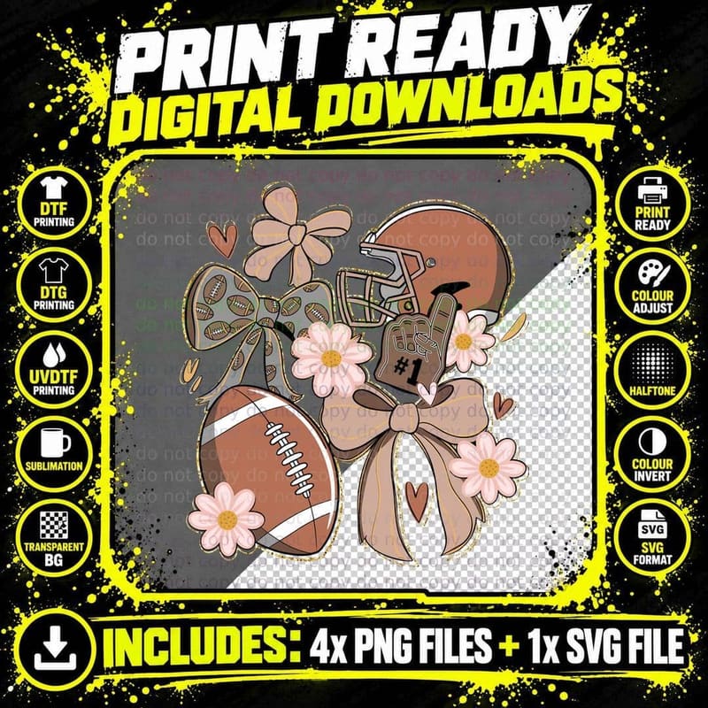 1 Football T-Shirt, Football Helmet Flowers Ribbon Png SVG Digital Bundle