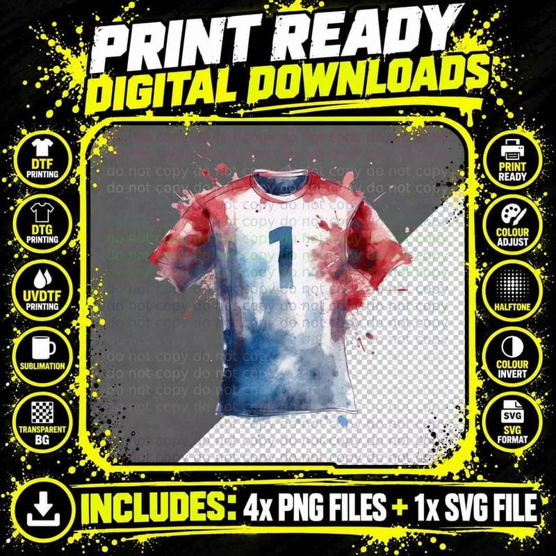 1 Football T-Shirt, Paint-Splattered Jersey with Number Png SVG Digital Bundle