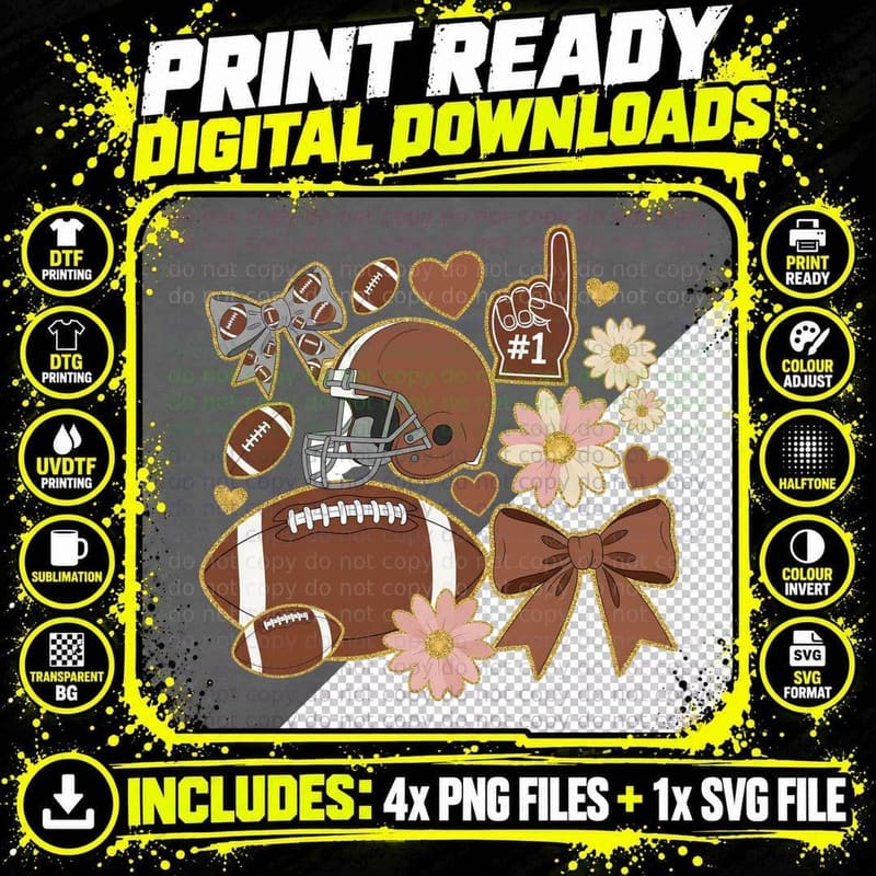 1 Sport Mom T-Shirt, Football Helmet Flowers Bows Hearts Png SVG Digital Bundle