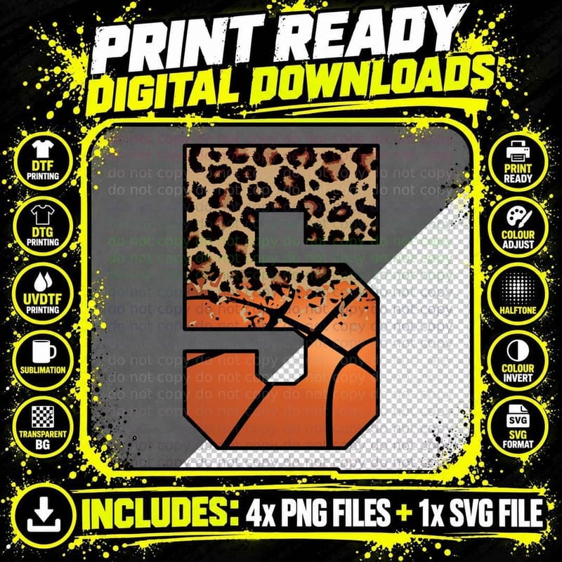 5 Basketball T-Shirt, Leopard Print Basketball Number Png SVG Digital Bundle