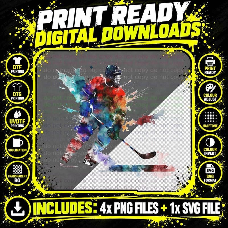 Abstract Hockey Player with Colorful Splashes Hockey Png SVG Digital Bundle