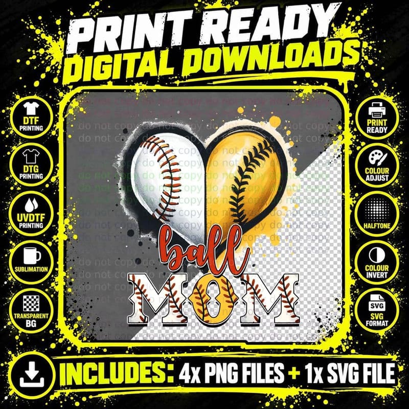 Ball Mom Softball T-Shirt, Baseball Softball Heart Love Png SVG Digital Bundle