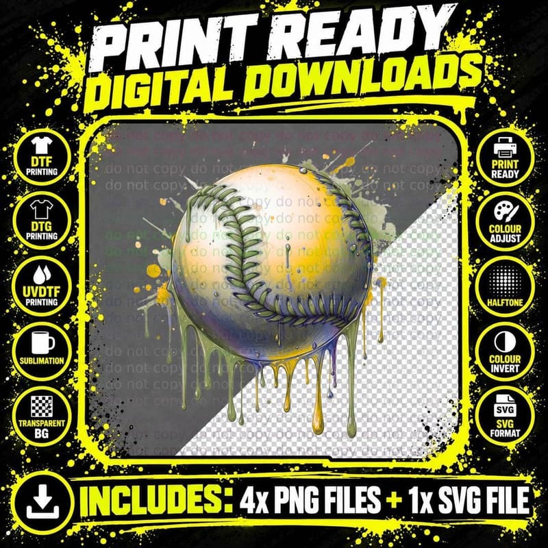 Baseball Ball Melting Paint Splatter Softball T-Shirt Png SVG Digital Bundle