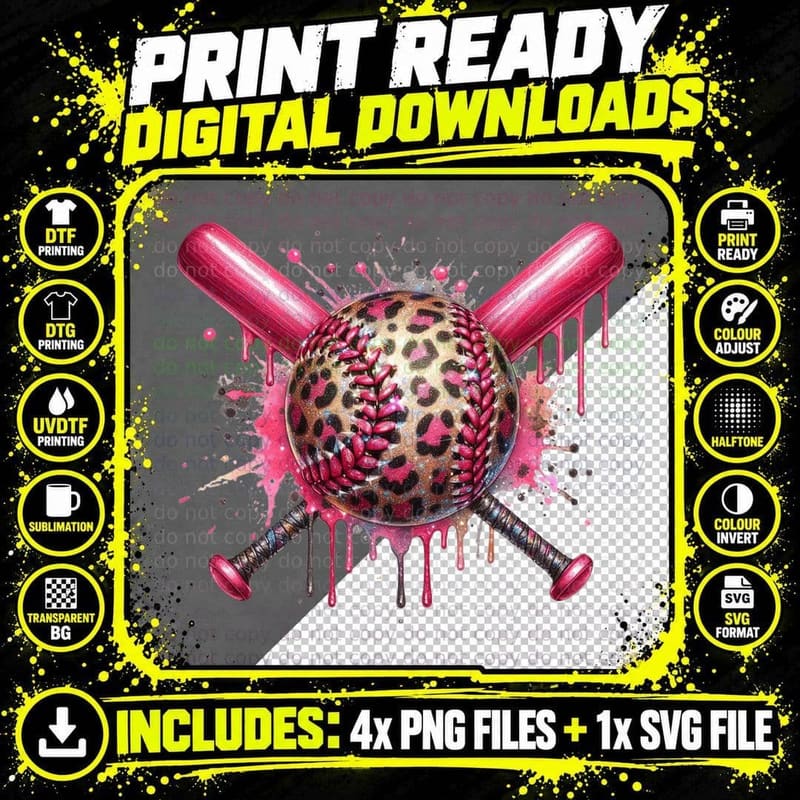 Baseball Bat Splatter Leopard Print Softball T-Shirt Png SVG Digital Bundle