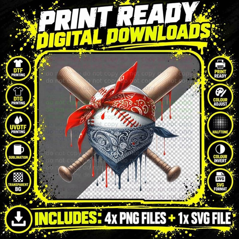 Baseball Bats Bandana Dripping Blood Softball T-Shirt Png SVG Digital Bundle