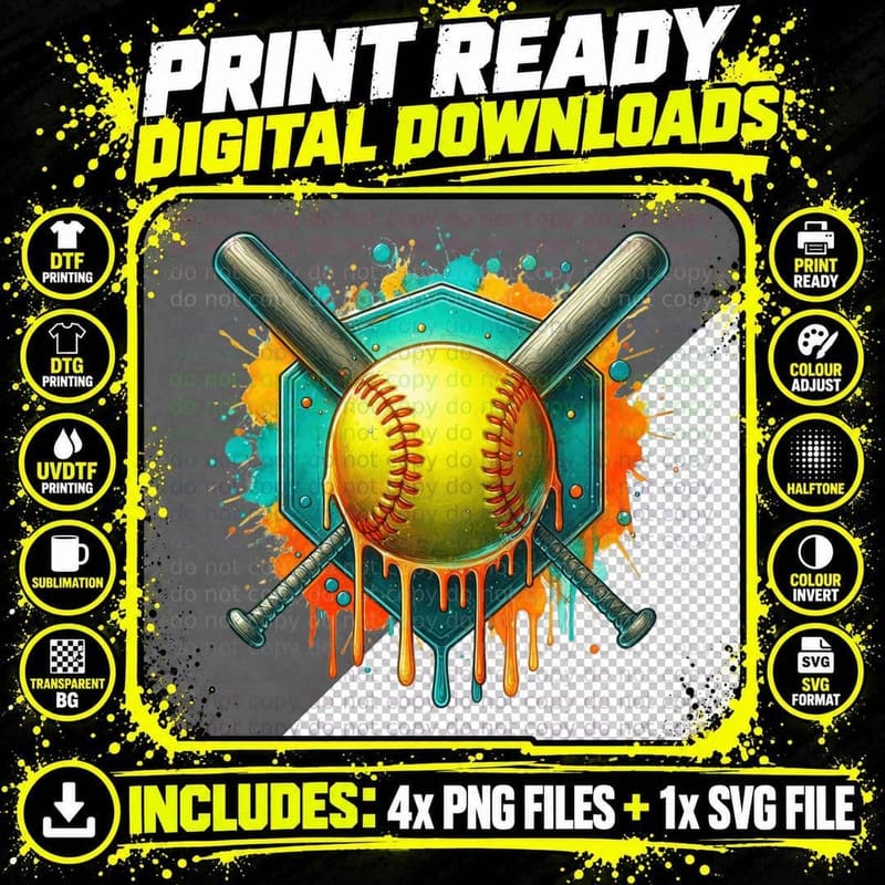 Baseball Bats Crossed with Dripping Paint Softball Png SVG Digital Bundle