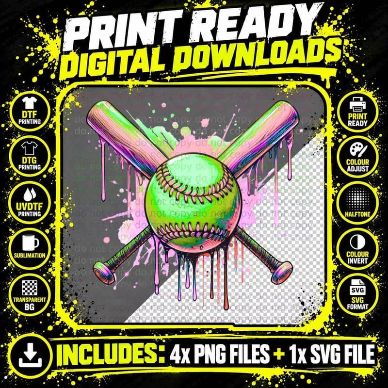 Baseball Bats Dripping Paint Softball T-Shirt Png SVG Digital Bundle