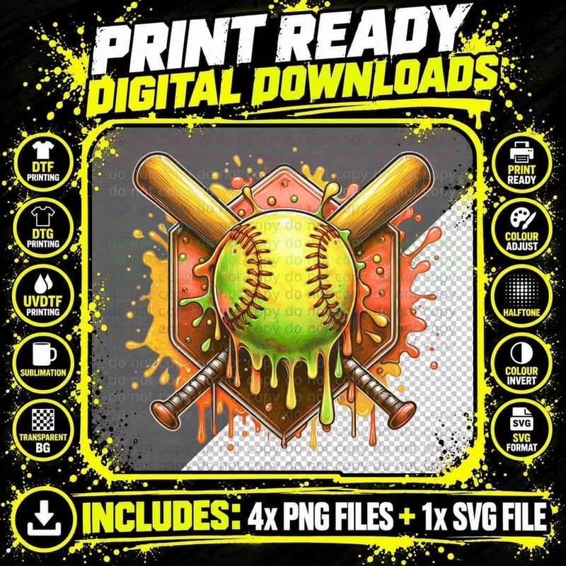 Baseball Bats Melting Softball Vibrant Colors Softball Png SVG Digital Bundle