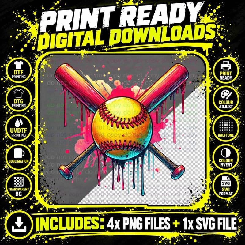 Baseball Bats and Ball with Colorful Paint Splatter Png SVG Digital Bundle