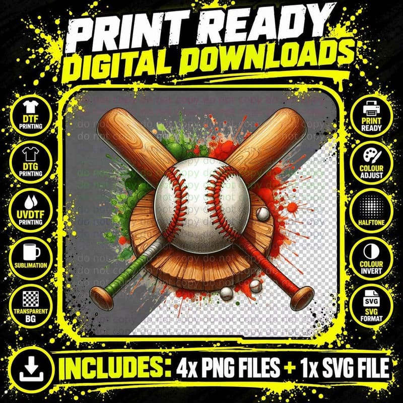 Baseball Bats and Ball with Paint Splatter Softball Png SVG Digital Bundle