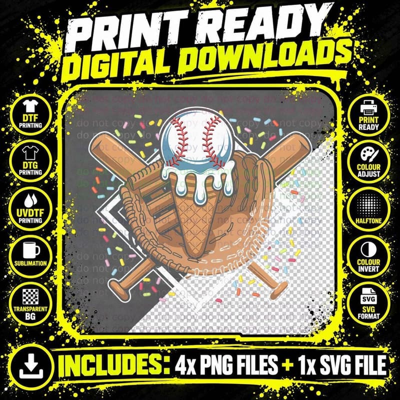 Baseball Glove Bat Ice Cream Cone Sprinkles Softball Png SVG Digital Bundle
