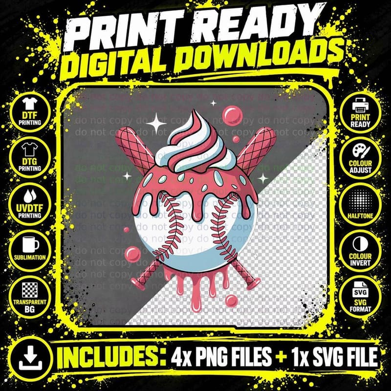 Baseball Ice Cream Cone Drip Softball T-Shirt Png SVG Digital Bundle