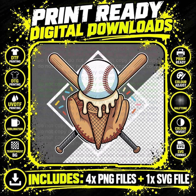 Baseball Ice Cream in Glove Softball T-Shirt Png SVG Digital Bundle