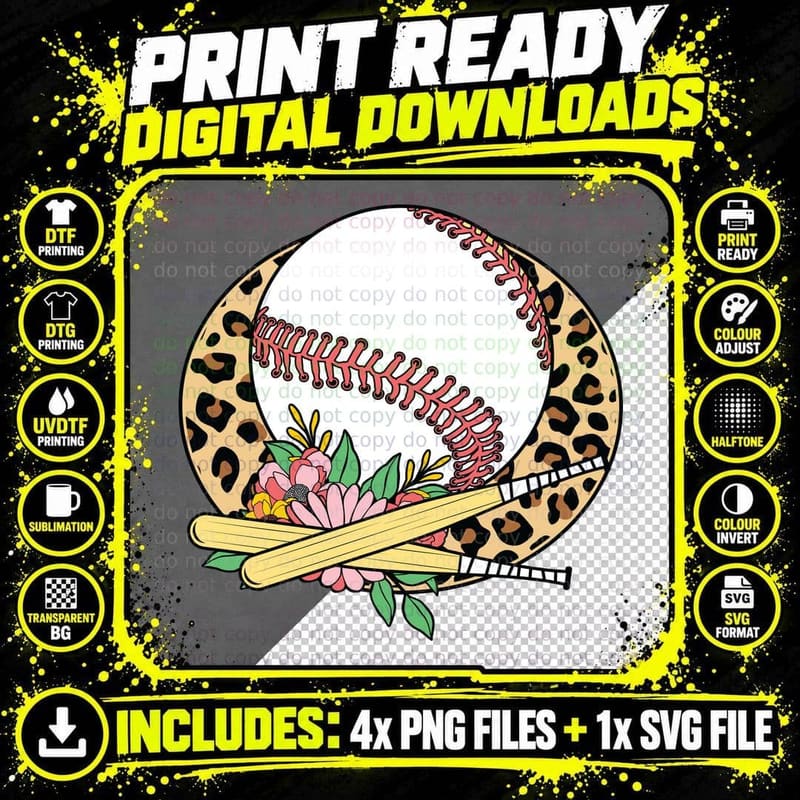 Baseball Leopard Print Flowers Bats Softball T-Shirt Png SVG Digital Bundle