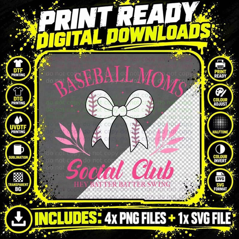 Baseball Moms Social Club Hey Batter Swing Sport Mom Png SVG Digital Bundle