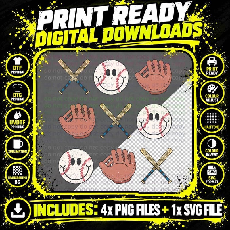 Baseball Smiles & Bats Baseball T-Shirt Png SVG Digital Bundle