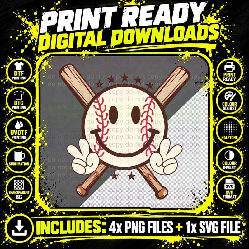 Baseball Smiley Face with Bats Baseball T-Shirt Png SVG Digital Bundle