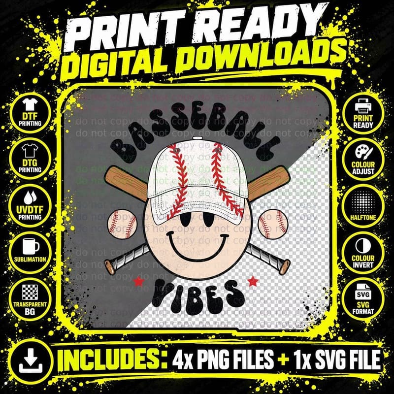 Baseball Vibes Baseball T-Shirt, Baseball-Themed Smiley Png SVG Digital Bundle