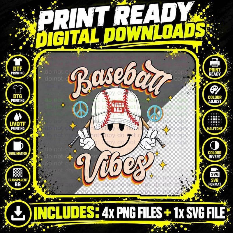 Baseball Vibes Baseball T-Shirt, Baseball-Themed Smiley Png SVG Digital Bundle