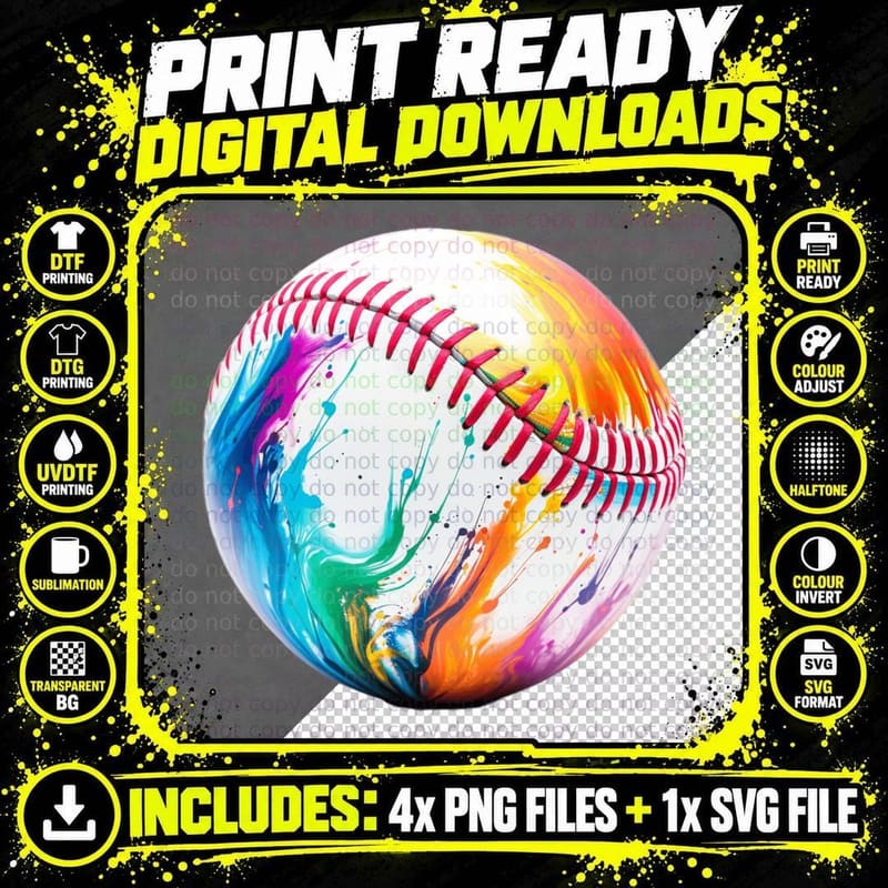 Baseball with Colorful Paint Splatters Baseball T-Shirt Png SVG Digital Bundle