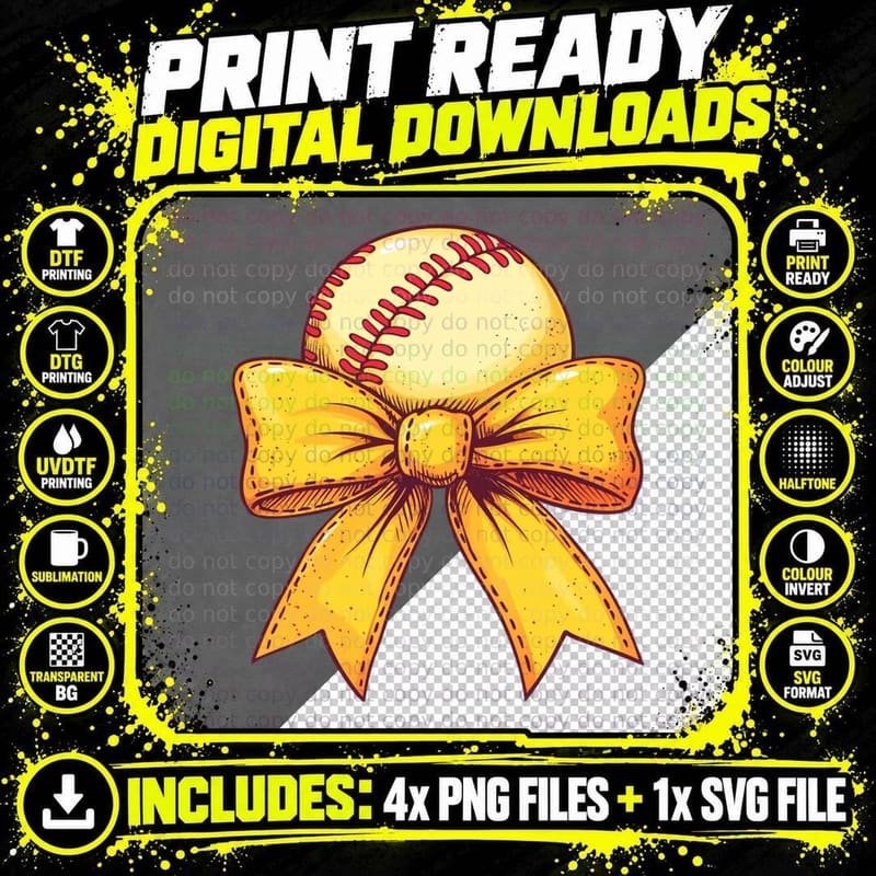 Baseball with Yellow Bow Softball T-Shirt Png SVG Digital Bundle