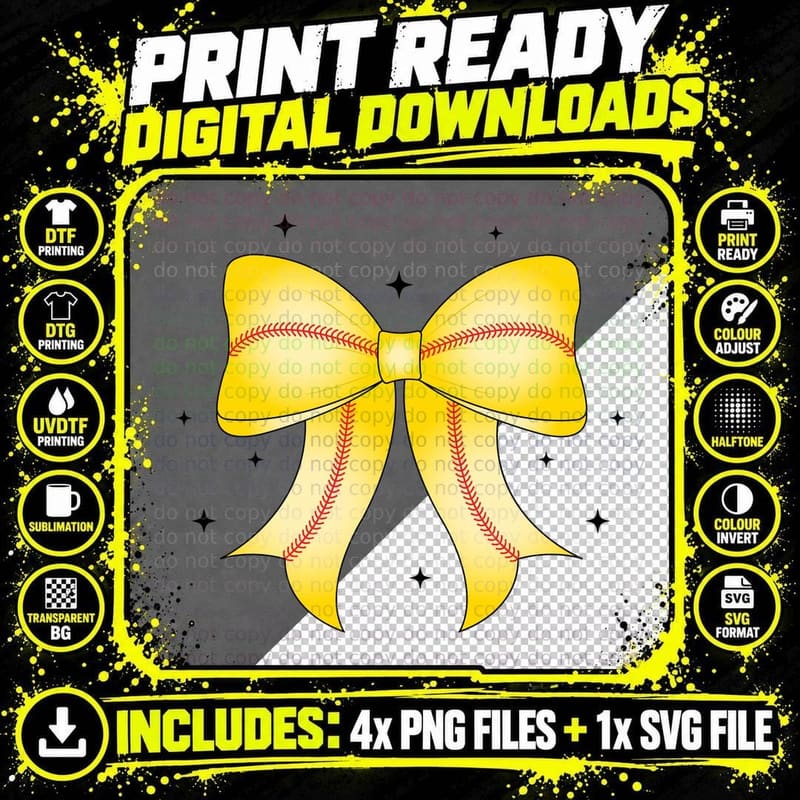 Baseball-Inspired Yellow Bow Softball T-Shirt Png SVG Digital Bundle