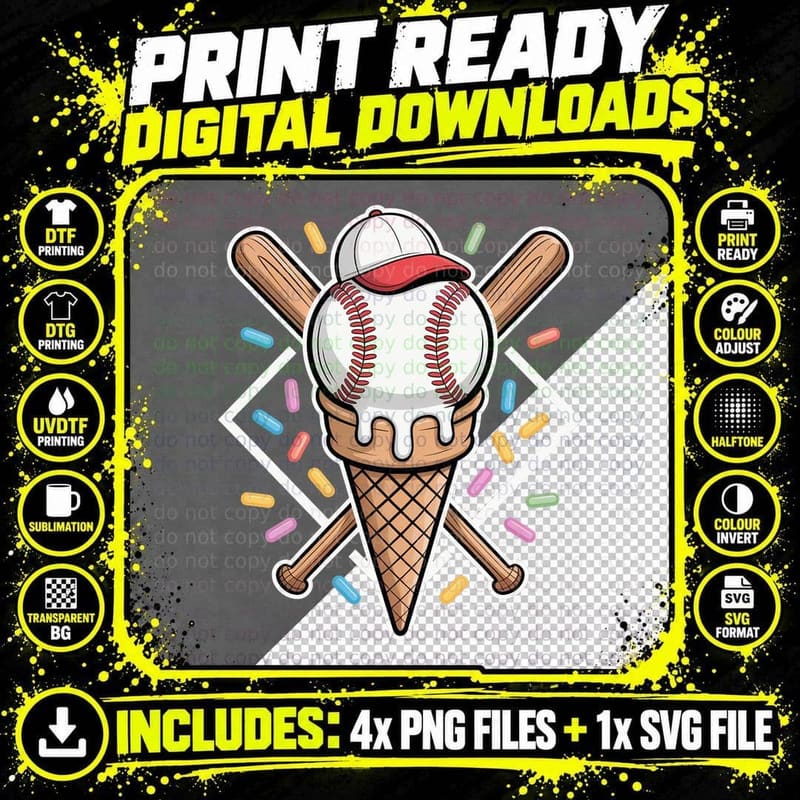 Baseball-Themed Ice Cream Cone with Bats Softball Png SVG Digital Bundle