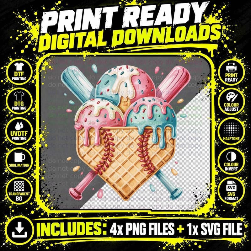 Baseball-Themed Ice Cream Cones in Heart Shape Softball Png SVG Digital Bundle