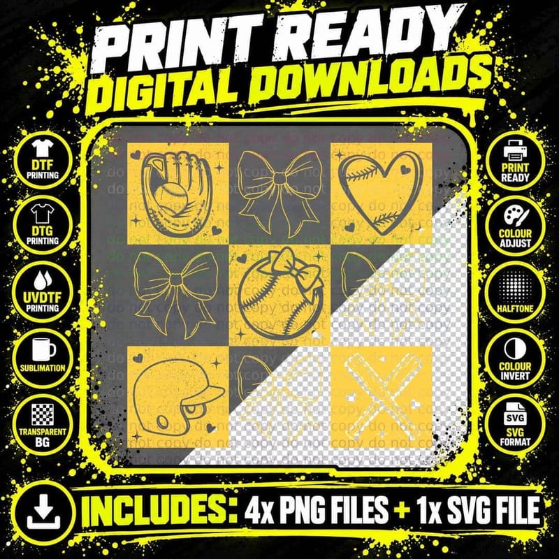 Baseball-Themed Icons with Bows Softball T-Shirt Png SVG Digital Bundle