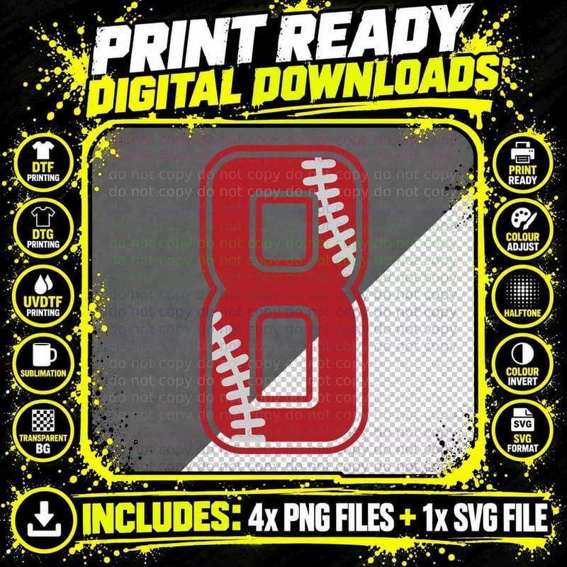 Baseball-Themed Number Eight Baseball T-Shirt Png SVG Digital Bundle
