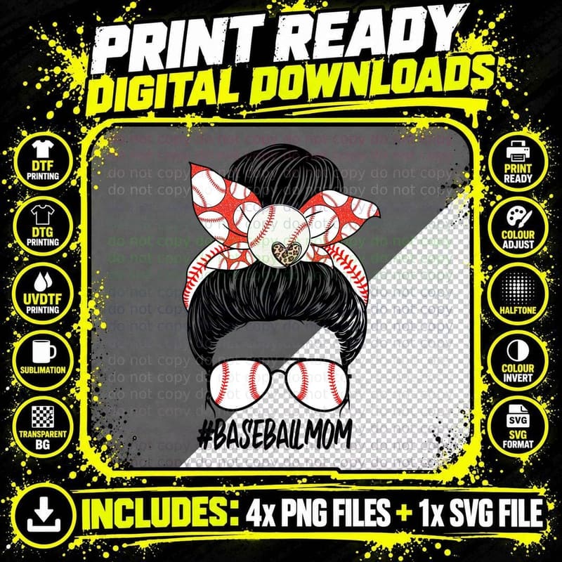 Baseballmom Baseball T-Shirt, Baseball Mom Hair Bun Png SVG Digital Bundle