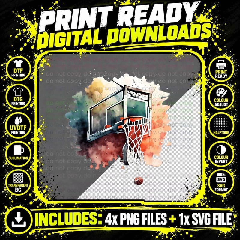 Basketball Hoop Amidst Colorful Splashes Basketball Png SVG Digital Bundle