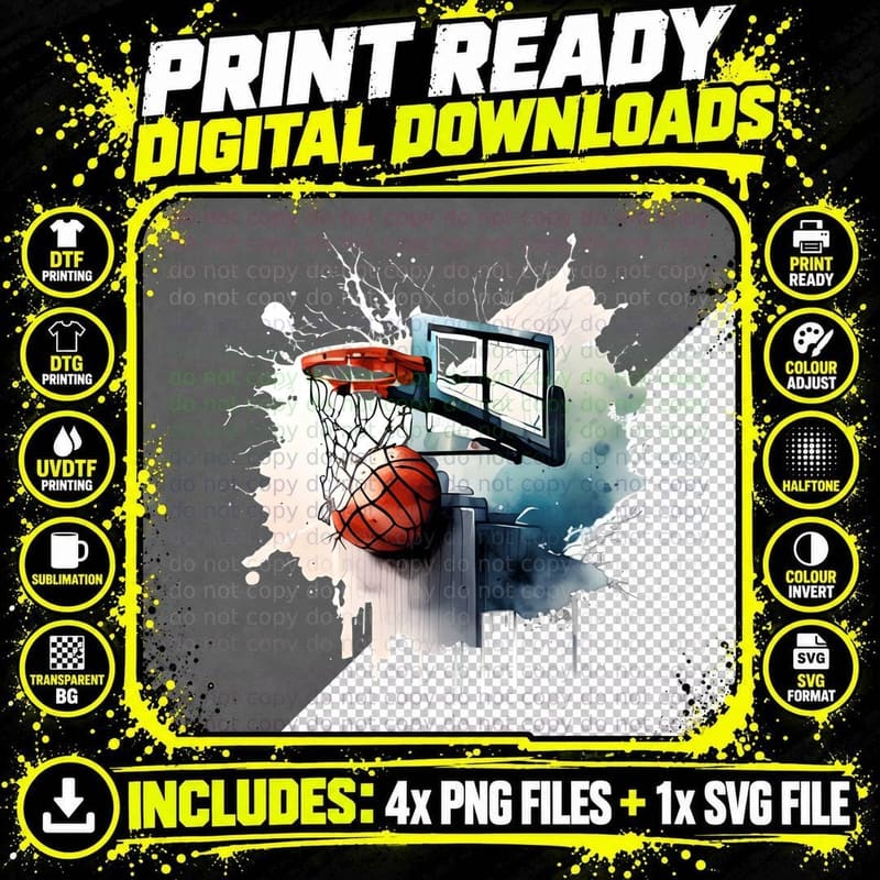 Basketball Hoop Splatter Action Basketball T-Shirt Png SVG Digital Bundle