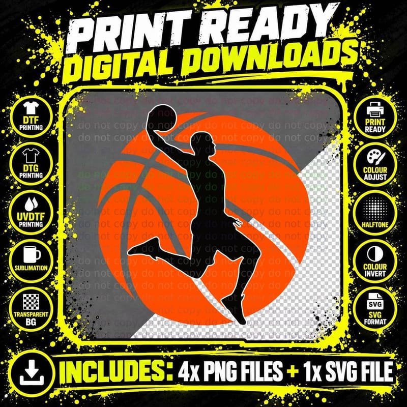 Basketball Player Dunking Silhouette Basketball T-Shirt Png SVG Digital Bundle