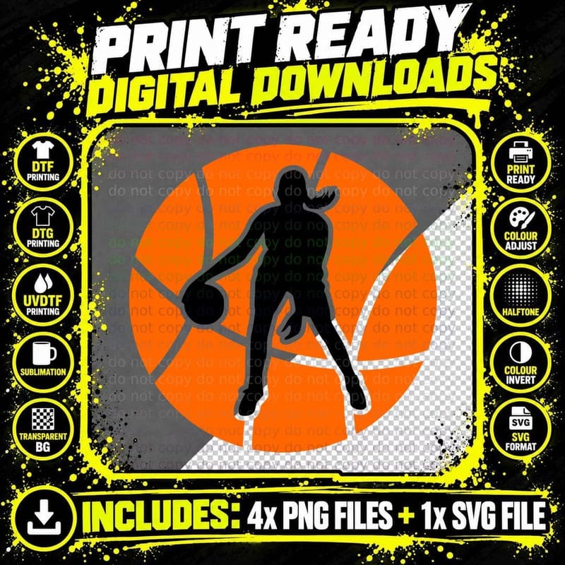 Basketball Player Silhouette on Orange Ball Basketball Png SVG Digital Bundle