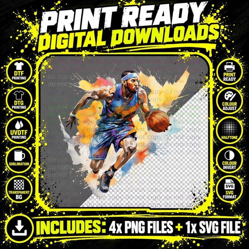 Basketball Player in Action with Colorful Splashes Png SVG Digital Bundle
