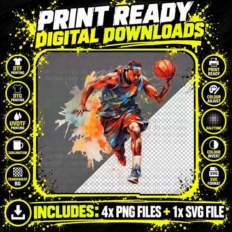 Basketball Player in Action with Splash Effect Png SVG Digital Bundle