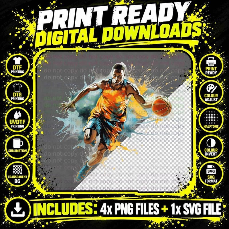 Basketball Player in Action with Splashes Basketball Png SVG Digital Bundle