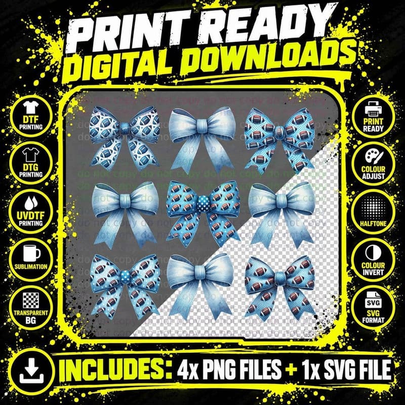 Blue Football Pattern Bows Football T-Shirt Png SVG Digital Bundle