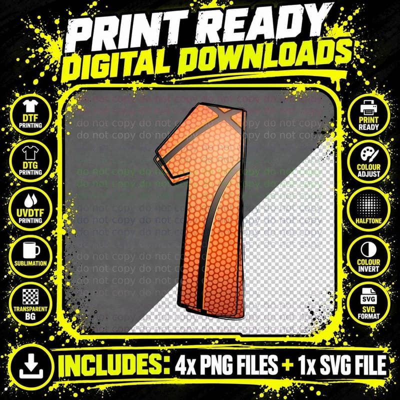 Bold Orange Number One Basketball T-Shirt Png SVG Digital Bundle
