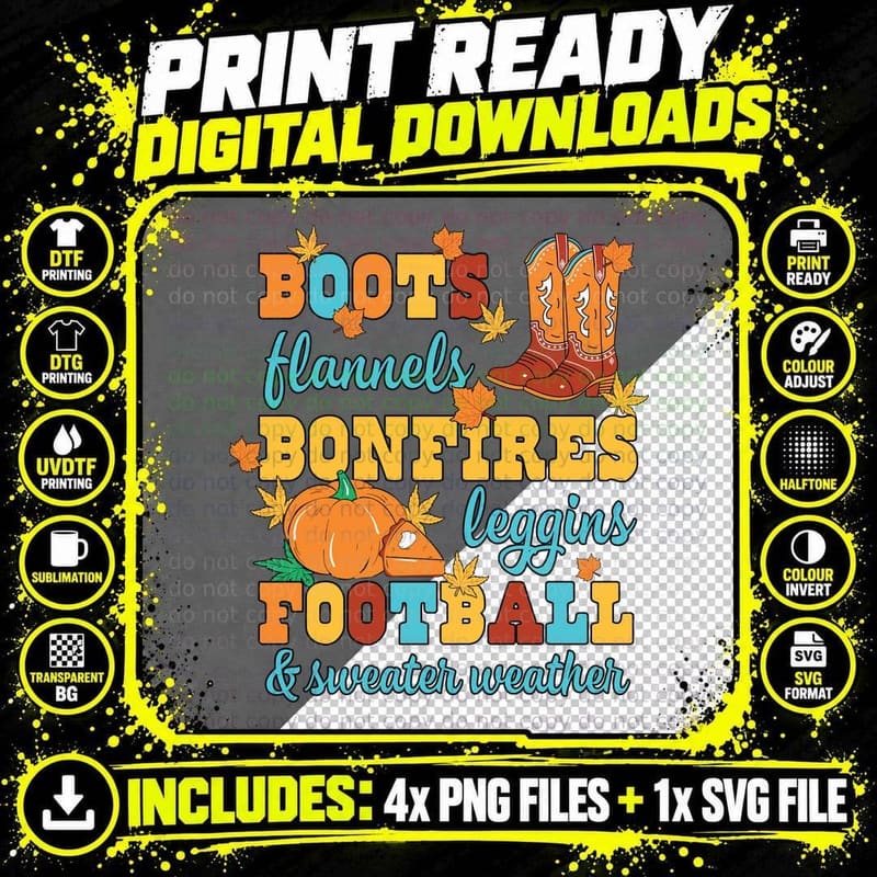 Boots Flannels Bonfires Leggins Football & Sweater Png SVG Digital Bundle